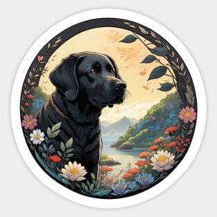 Black Lab Floral Wreath Sticker